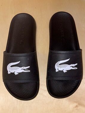 Lacoste Black Slides with White Crocodile Logo Size 10